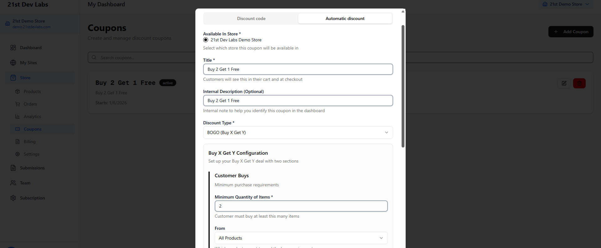 Create automatic discount form