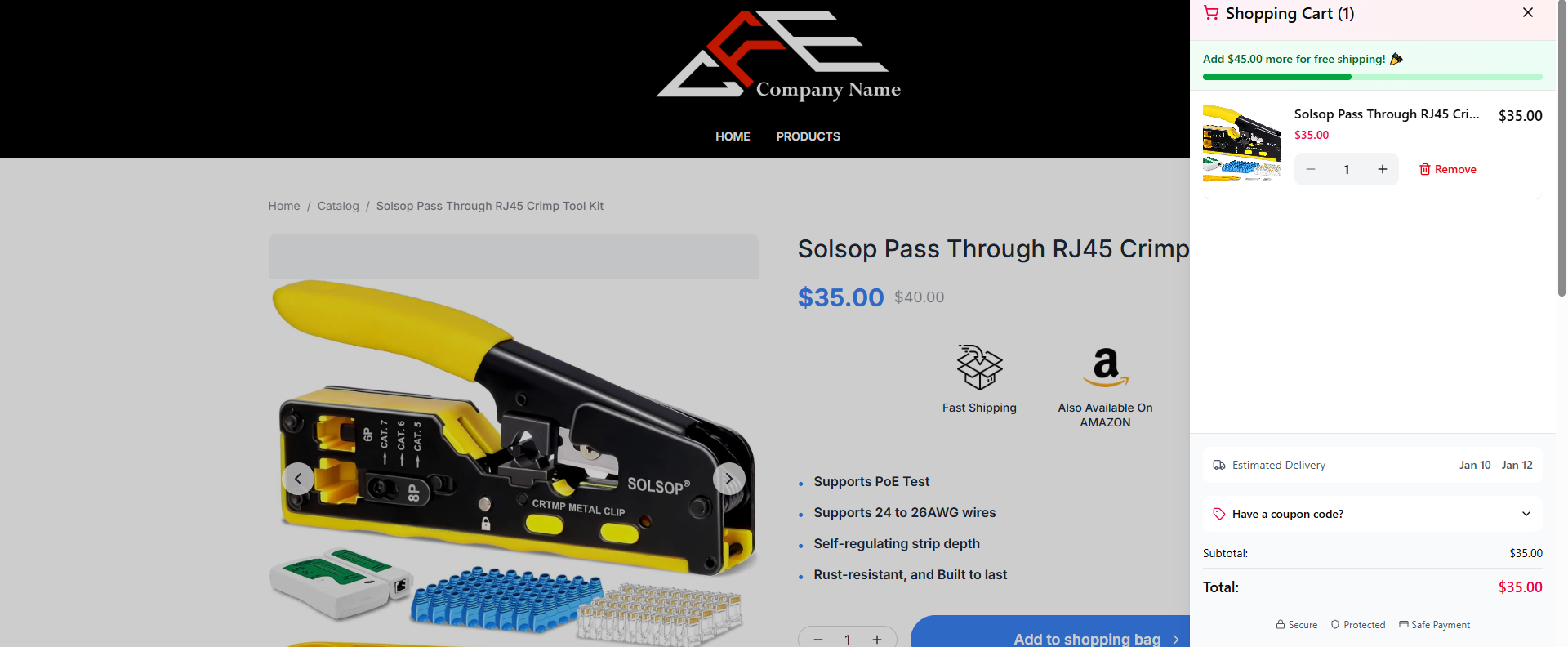 Cart showing free shipping progress bar